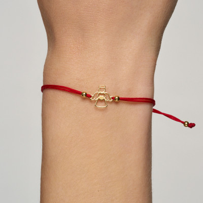 Bransoletka srebrna pozłacana na czerwonym sznurku - anioł - Hippie
