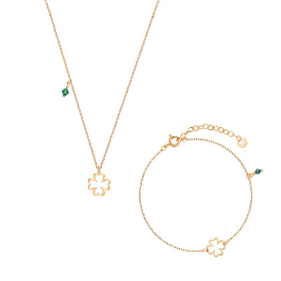 Komplet biżuterii srebrnej pozłacanej - koniczynki