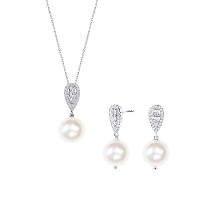 Komplet biżuterii srebrnej - perły z cyrkoniami