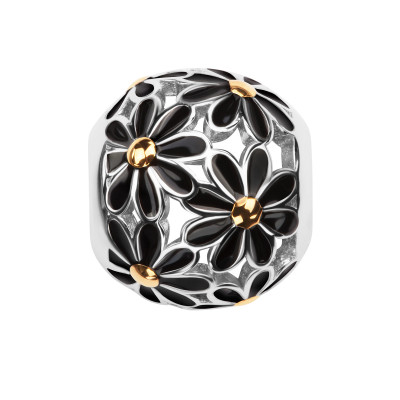 Beads srebrny pokryty czarną emalią - kwiaty - Dots 