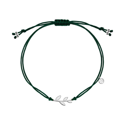 Bransoletka srebrna na zielonym sznurku - liść - Flora