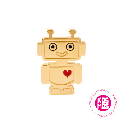 Pin z mosiądzu pozłacanego z czerwoną emalią - robot - YES x Kosmos dla Dziewczynek