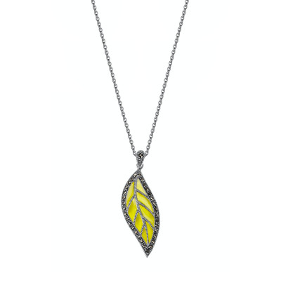 Naszyjnik srebrny z markazytami i emalią - liść - Markazyty