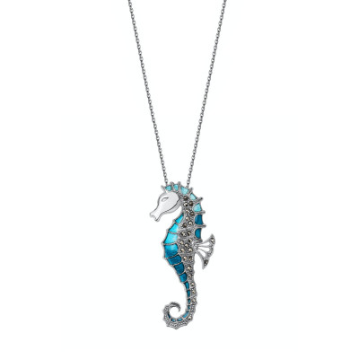 Naszyjnik srebrny z markazytami pokryty niebieską emalią  - konik morski - Markazyty