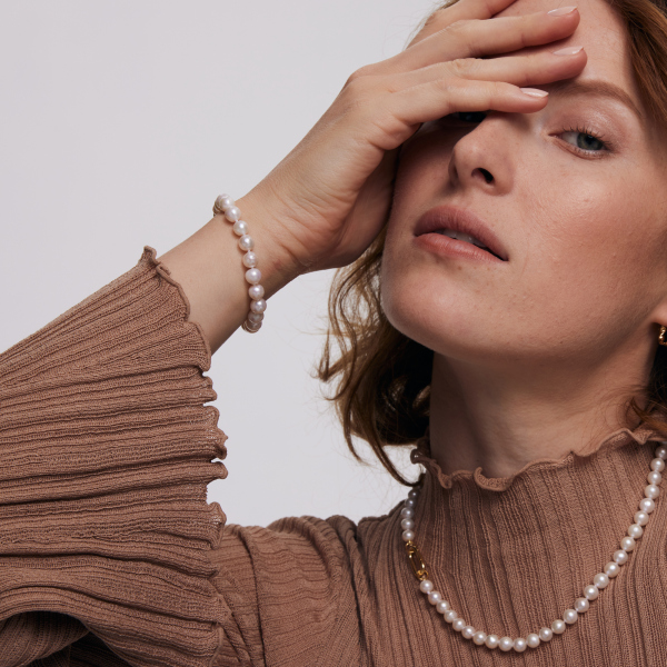 Bransoletka srebrna pozłacana z perłami - Pearls