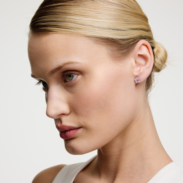 Kolczyki srebrne pokryte różową emalią - kwiaty - Mini