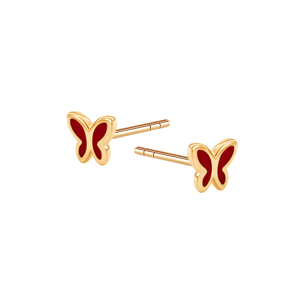 Kolczyki złote pokryte czerwoną emalią - motyle - Mini