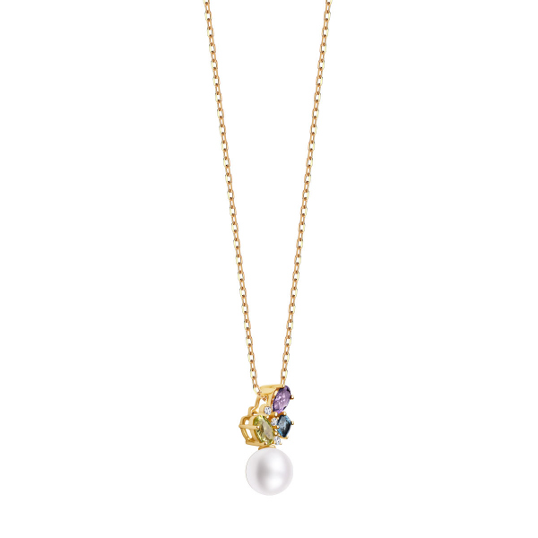 Naszyjnik złoty z perłą, topazem, ametystem, peridotem i diamentami