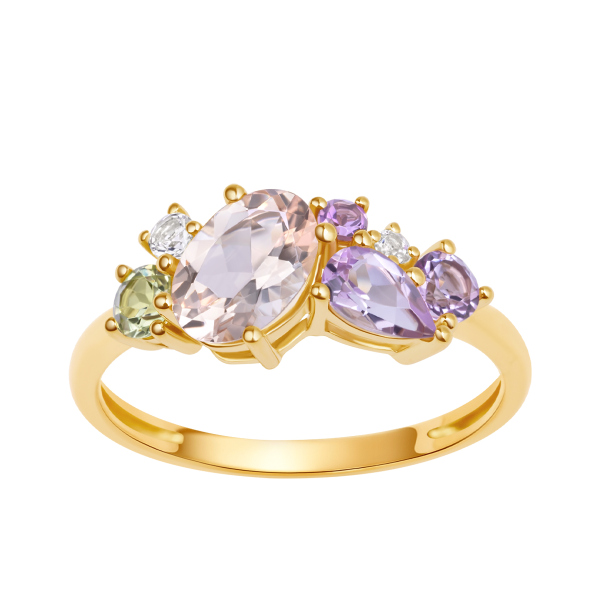 Pierścionek złoty z ametystami topazami morganitem i peridotem - Iris