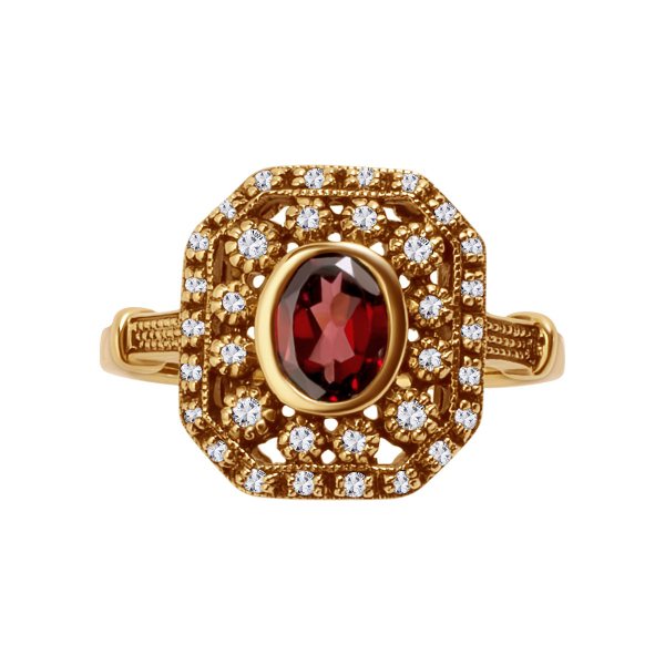 Pierścionek złoty z rodolitem i diamentami - Kolekcja Wiktoriańska 
