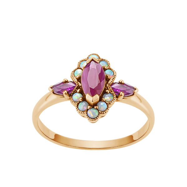 Pierścionek złoty z rubinami i opalami - Kolekcja Wiktoriańska