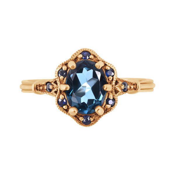 Pierścionek złoty z topazem i niebieskimi szafirami - Kolekcja Wiktoriańska