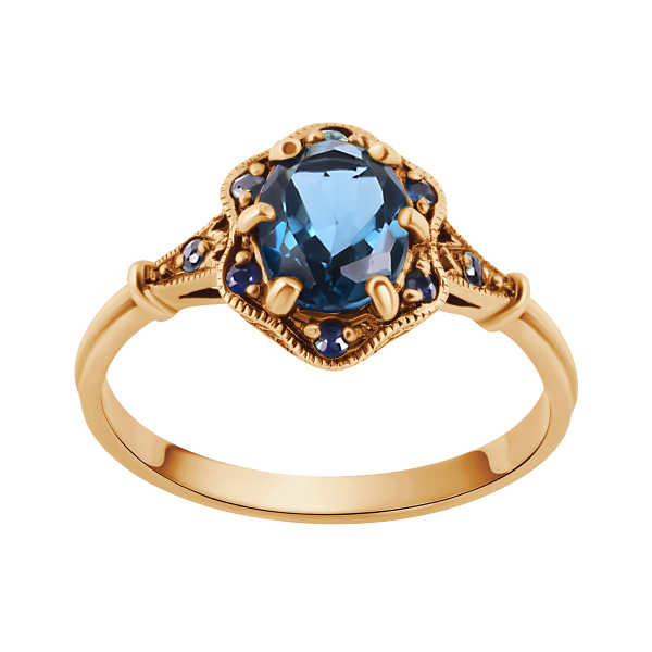 Pierścionek złoty z topazem i niebieskimi szafirami - Kolekcja Wiktoriańska